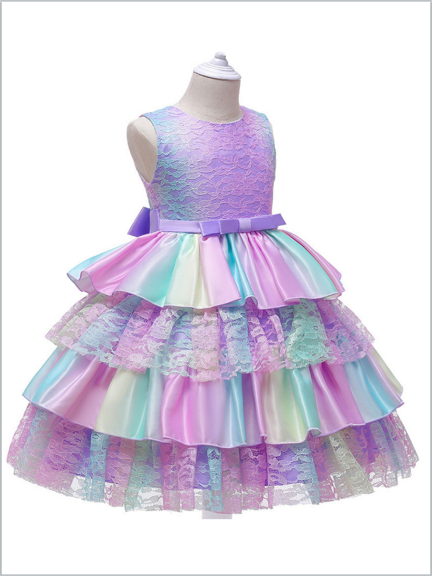 Girls Special Occasion Dress | Pastel Rainbow Tiered Lace Ruffle Dress