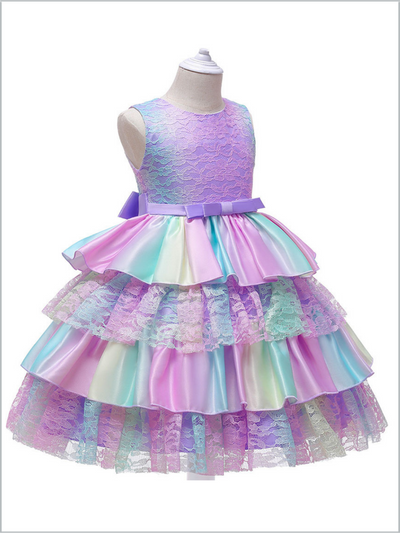 Girls Special Occasion Dress | Pastel Rainbow Tiered Lace Ruffle Dress