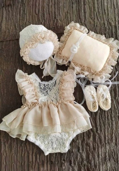 Baby photoshoot skirted onesie with cap, shoes and pillow  creme