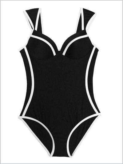 Women's Retro Black White Striped Push Up One Piece Swimsuit