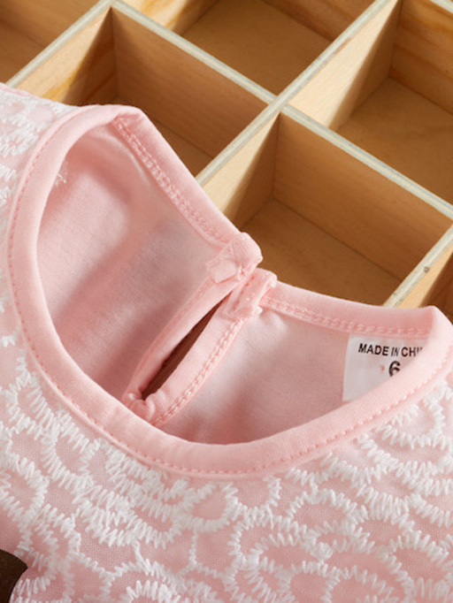 Baby Spring dress has an embroidered bodice, applique flowers at the waistline, and a hi-lo tulle skirt