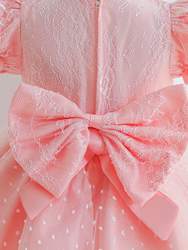 Baby dress has capped sleeves and embroidered tulle overlay bodice and swiss tulle overlay skirt, big bow accent at the back