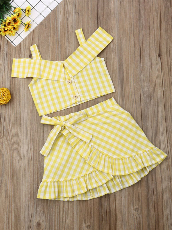 Girls Cute Outfit Ideas | Girls Yellow Plaid Top & Wrap Skirt Set