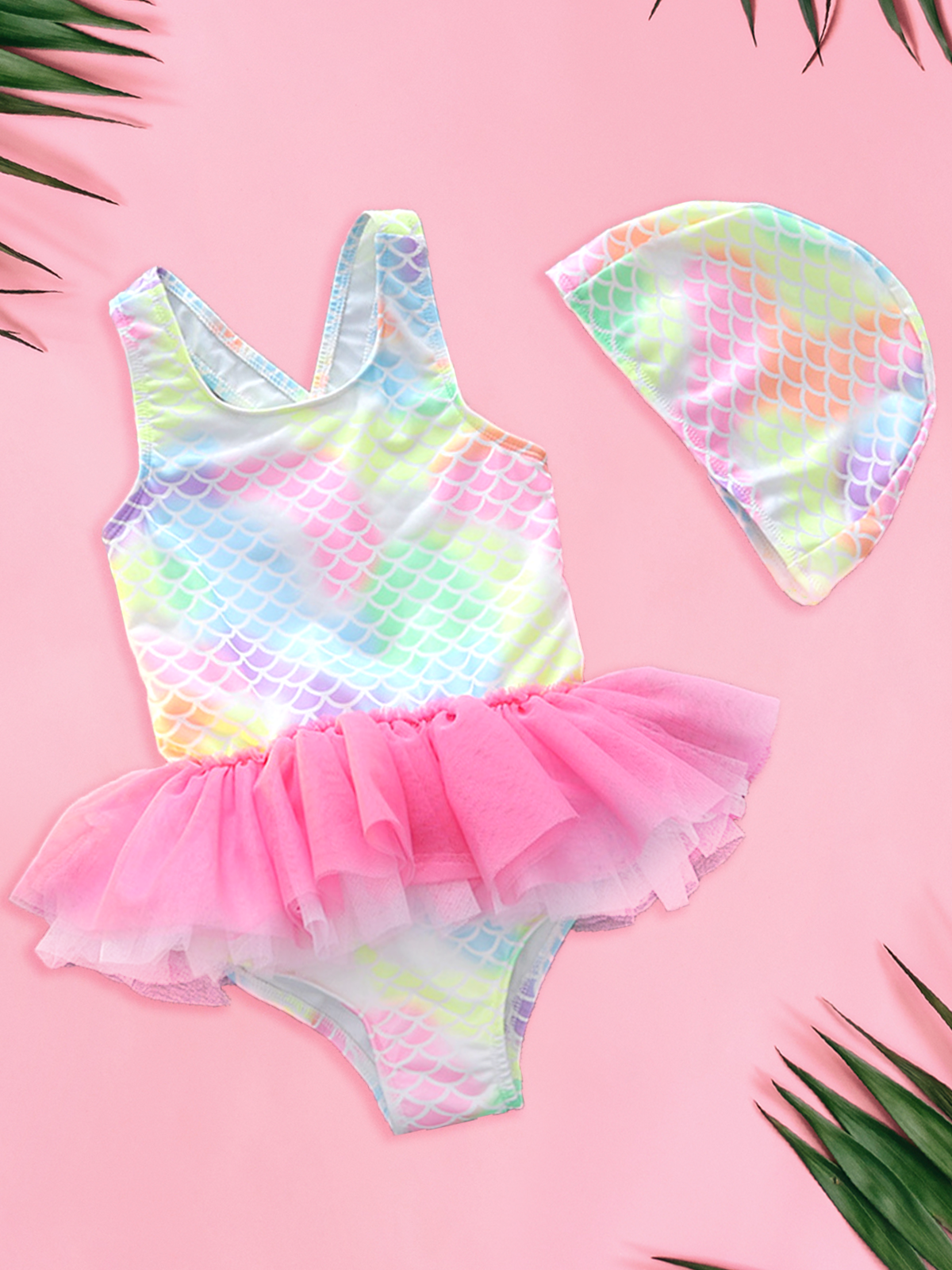 Little Girls Swimsuits | Scale Tutu One Piece Swimsuit & Cap Set