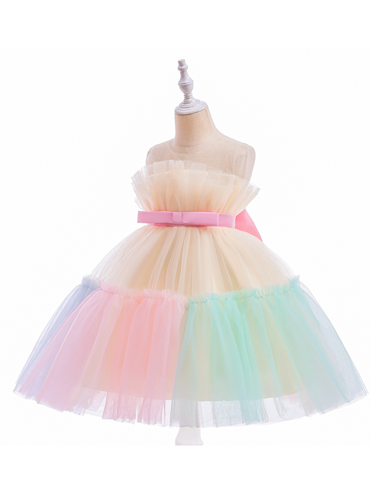 Girls Formal Dresses | Pastel Rainbow Ruffle Tulle Belted Party Dress