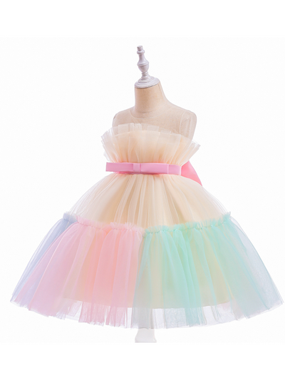 Girls Formal Dresses | Pastel Rainbow Ruffle Tulle Belted Party Dress