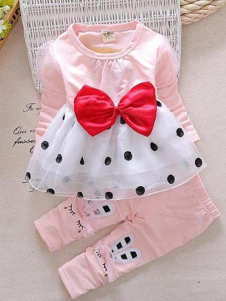 Baby Polka Dot Darling Skirted Long Sleeve Shirt and Pants Set Pink
