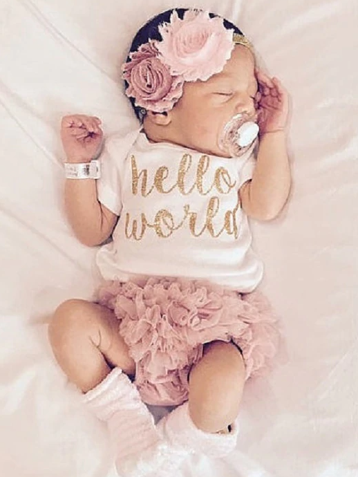 Baby set features a short-sleeved onesie with "Hello World" print and ruffled bloomers