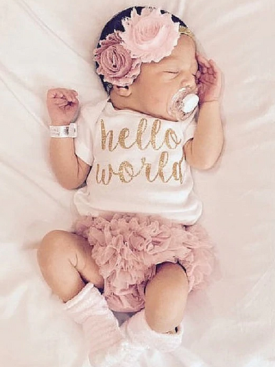 Baby set features a short-sleeved onesie with "Hello World" print and ruffled bloomers