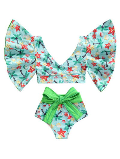 Kids Resort Swimwear | Girls Kimono Sleeve Bowed Two Piece Swimsuit