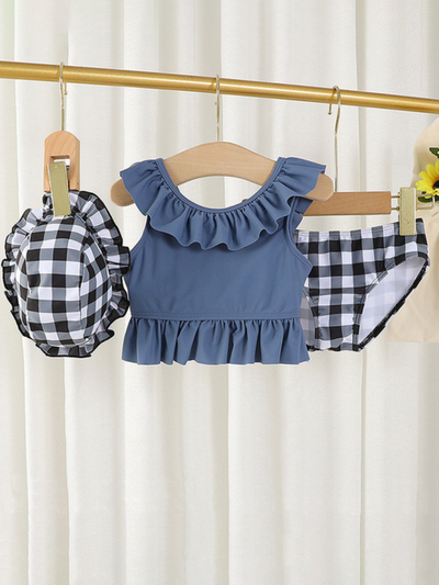 Little Girls Swimwear | Ruffle Top Plaid Bottoms Two Piece Swimsuit