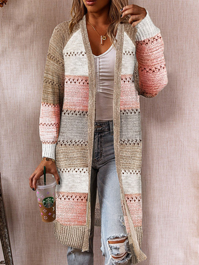 Women's Color Block Charisma Knee Length Cardigan Pink