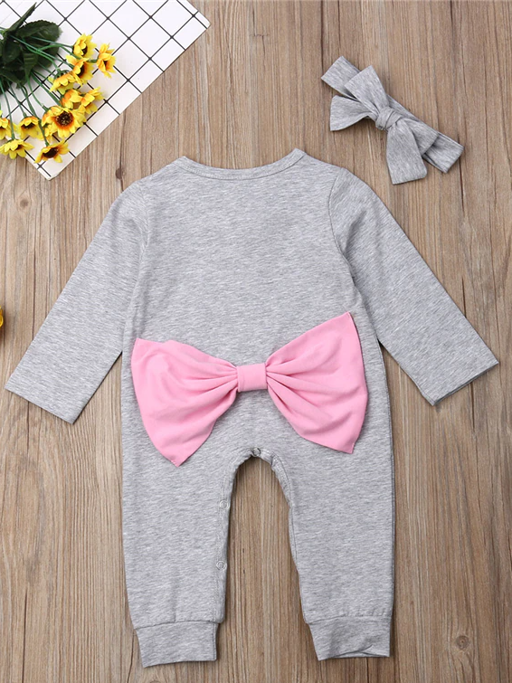 Baby Bowknot Bottom Long Sleeve Romper Onesie With Headband Grey