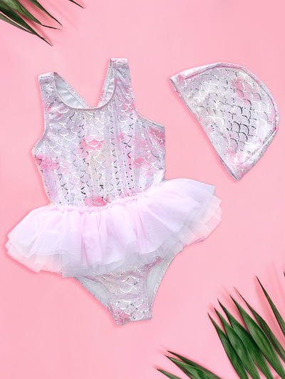 Little Girls Swimsuits | Rosy Sparkle One Piece Swimsuit & Cap Set