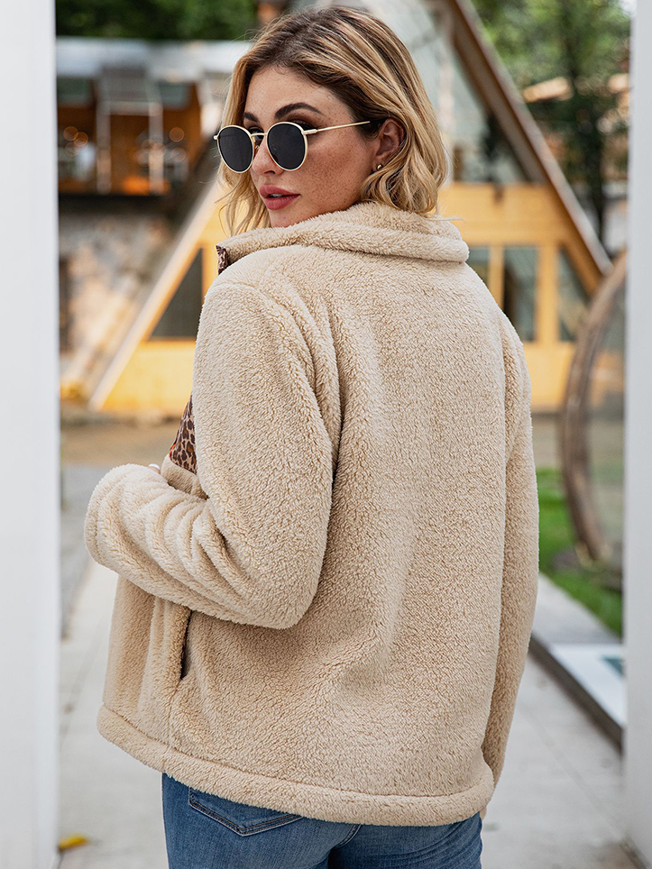 Women's Leopard Lined Plush Button Down Cardigan Beige