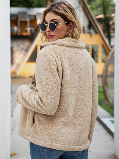 Women's Leopard Lined Plush Button Down Cardigan Beige