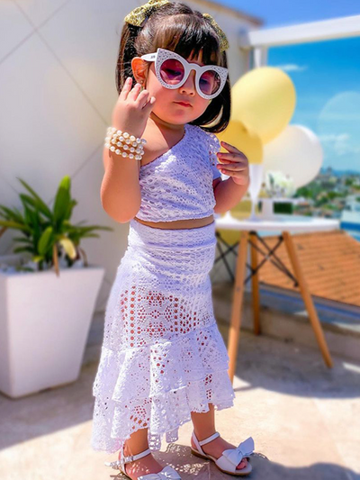 Little Girls Lace One Shoulder Crop Top & Skirt Set - Mia Belle Girls