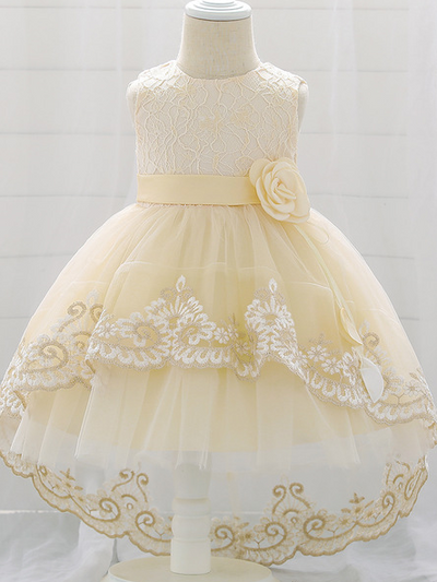Baby dress has embroidered tulle overlay bodice and hi-lo tulle overlay skirt, removable big bow accent at the back and flower applique at the front
