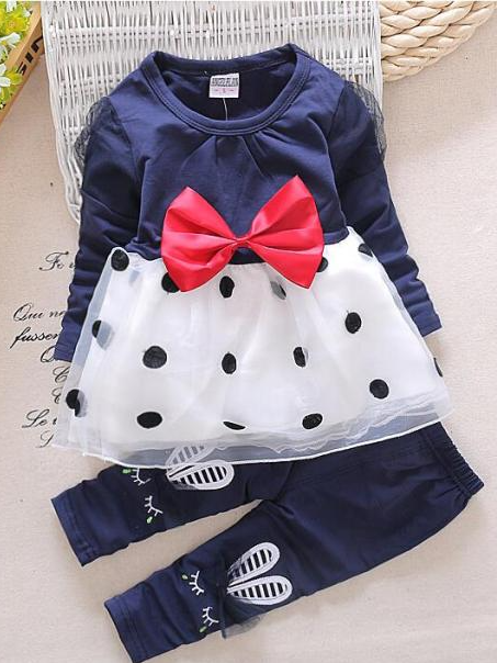 Baby Polka Dot Darling Skirted Long Sleeve Shirt and Pants Set Navy