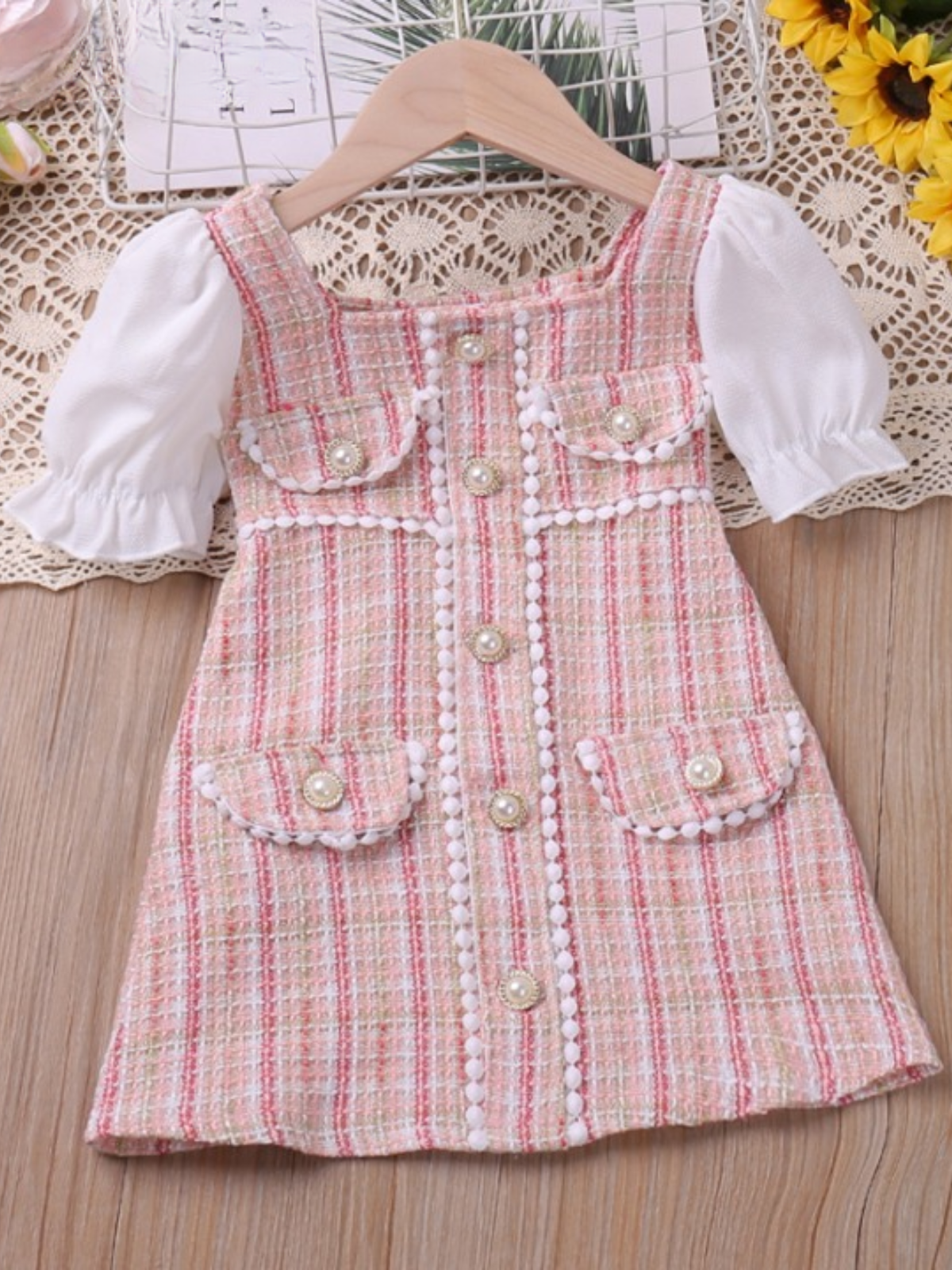 Girls Preppy Chic Dresses | Pink Plaid Pearl Dress | Mia Belle Girls