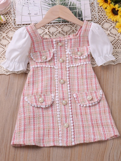 Girls Preppy Chic Dresses | Pink Plaid Pearl Dress | Mia Belle Girls