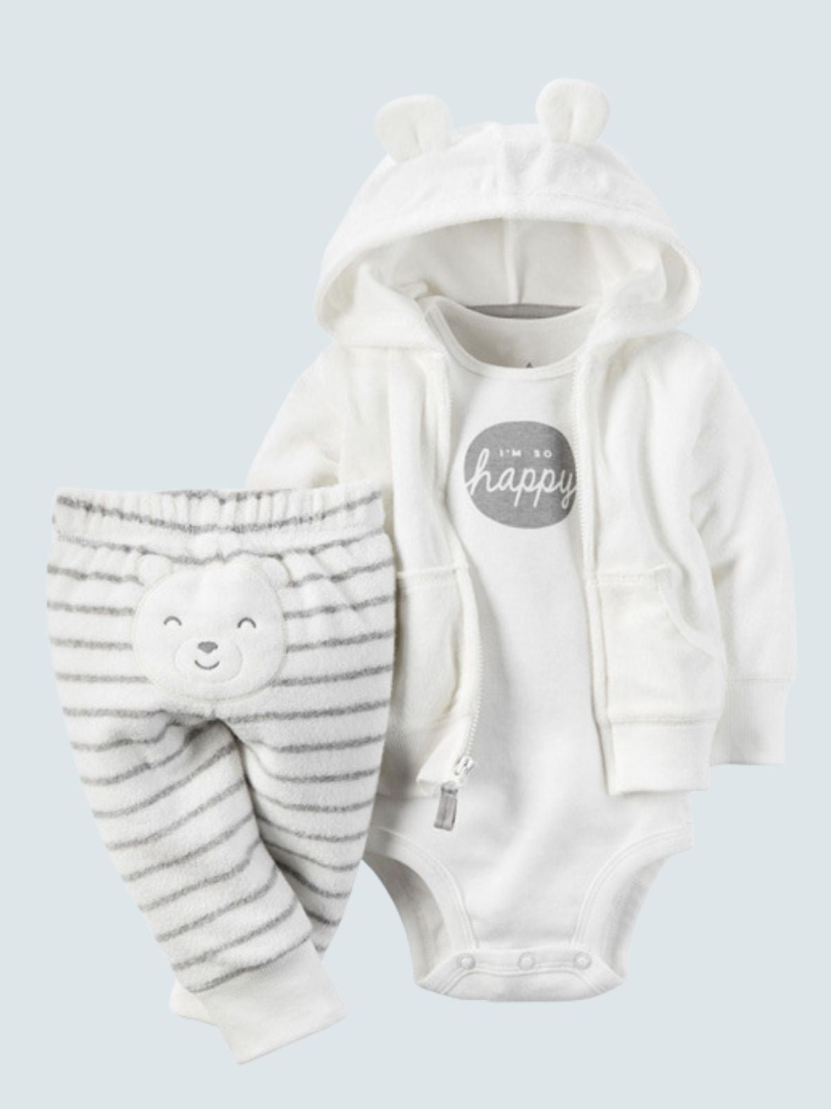 Baby Happy Bear Bottom Hooded Jacket, Onesie, And Legging Set White