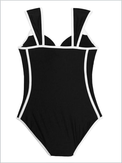 Women's Retro Black White Striped Push Up One Piece Swimsuit