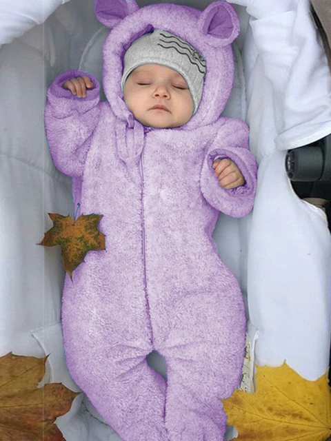 Baby hooded jumpsuit/onesie with little ears on the hood, front zipper closure, and footies