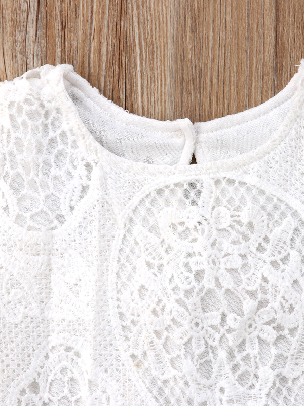 Baby lace onesie has kimono style long sleeves