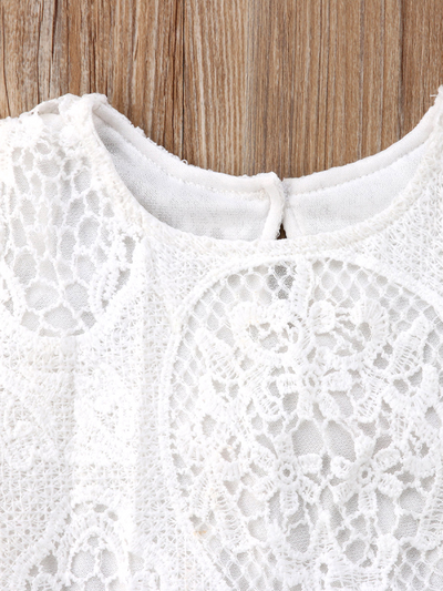 Baby lace onesie has kimono style long sleeves