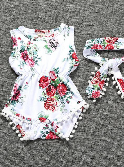 Baby Spring floral onesie with pom pom hem and matching headband white