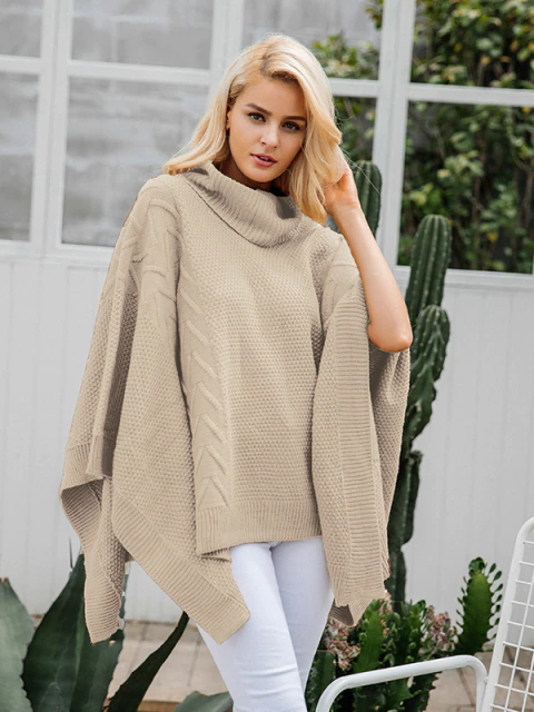 Women's Turtleneck Pullover Poncho Cardigan Beige