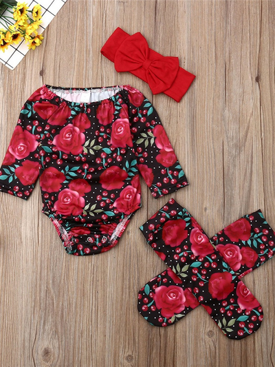 Baby long-sleeved set with floral print with matching socks and a headband