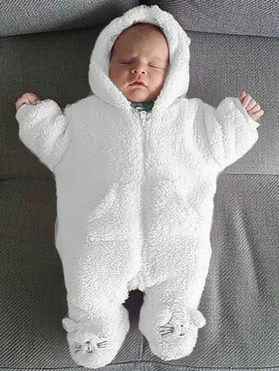 Baby Winter Fluff Flannel Hooded Jumpsuit with Footies