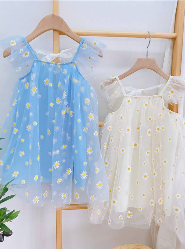 Toddler Spring Dresses | Little Girls Blue Daisy Tulle Overlay Dress