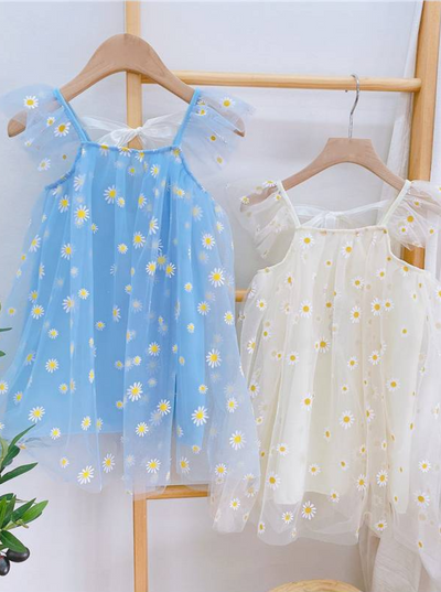 Toddler Spring Dresses | Little Girls Blue Daisy Tulle Overlay Dress