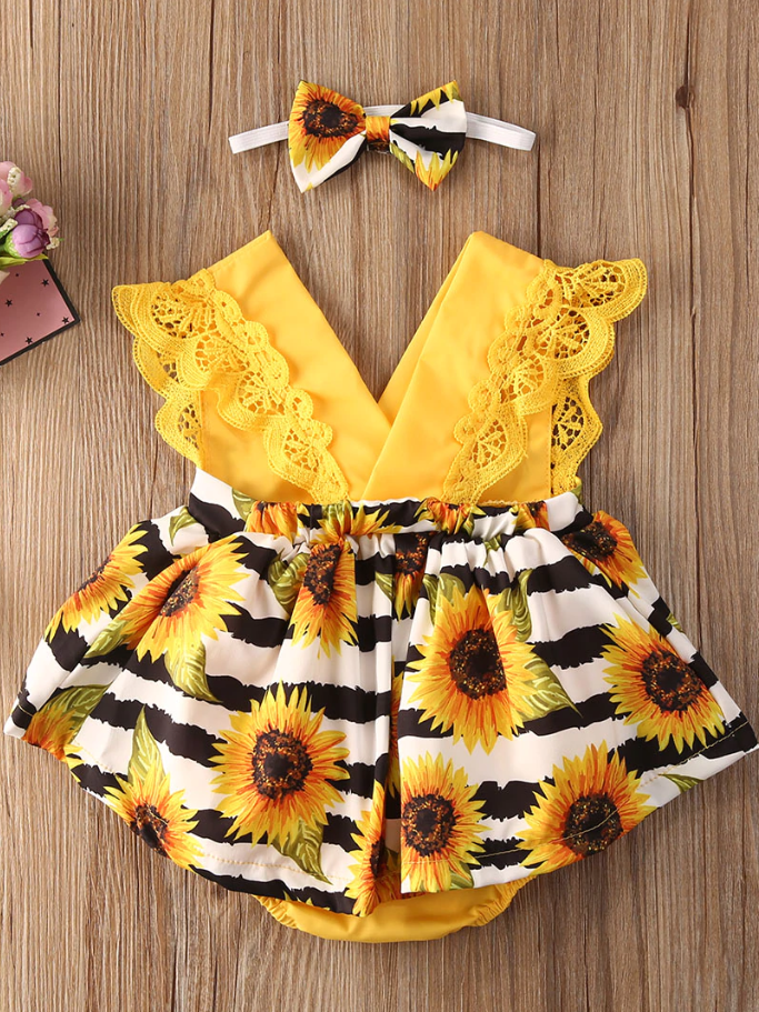 Baby yellow romper onesie with a skirt overlay with sunflower print and matching headband