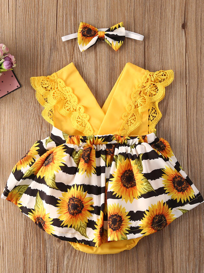 Baby yellow romper onesie with a skirt overlay with sunflower print and matching headband