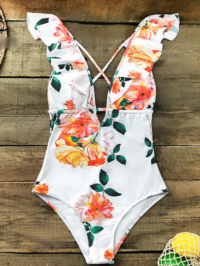 Women's Floral Deep V Neck Monokini Swimsuit - Mia Belle Girls
