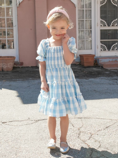 Girls Spring Dresses | Puff Sleeve Blue Gingham Ruffled Smock Dress