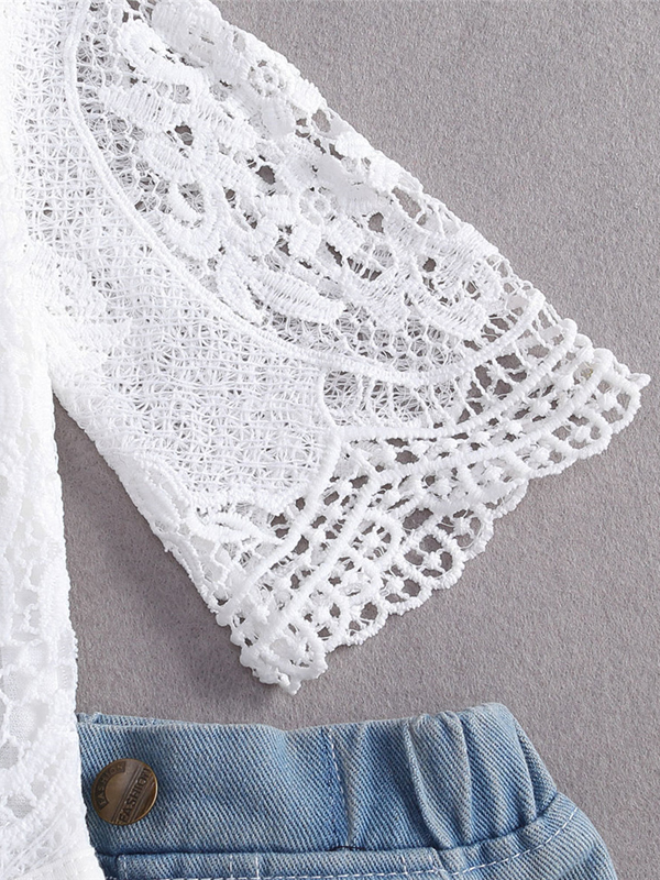 Baby set features a kimono lace onesie with distressed jeans with lacey hem