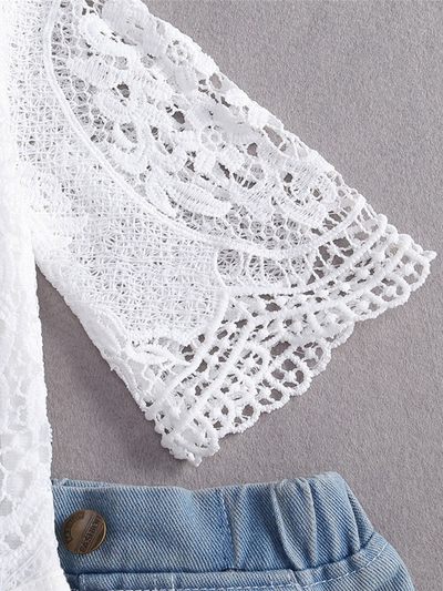 Baby set features a kimono lace onesie with distressed jeans with lacey hem