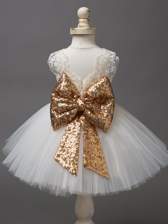 Baby tutu dress has an embroidered floral bodice, a sequin belt at the waistline with a big bow at the back, and a tutu skirt