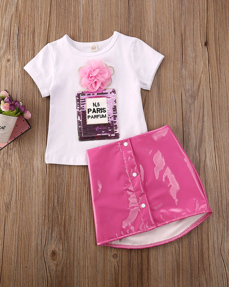 Girls Spring Outfit |Paris Parfum Sequin Top & Pink Pleather Skirt Set