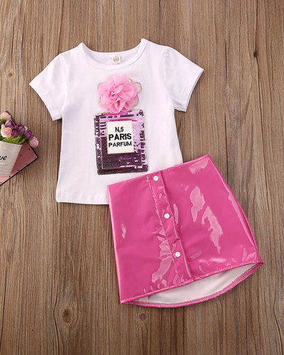 Girls Spring Outfit |Paris Parfum Sequin Top & Pink Pleather Skirt Set
