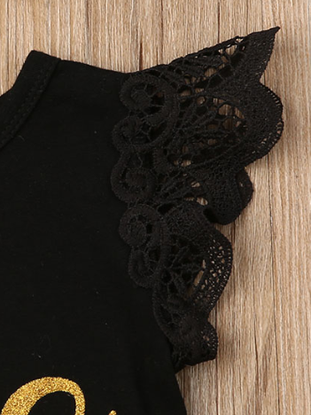 Baby set has a onesie with ruffled lace sleeves and "One" printed, a tutu skirt with sunflower sash, and a matching sunflower headband