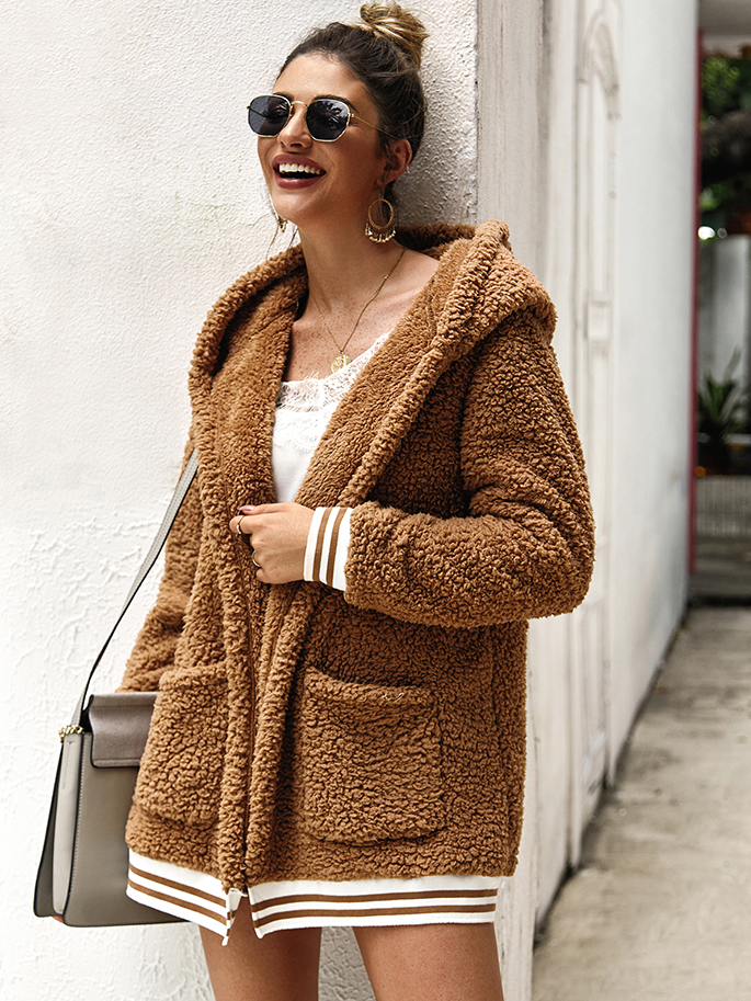 Women's Varsity Full-Zip Hooded Fleece Cardigan Taupe