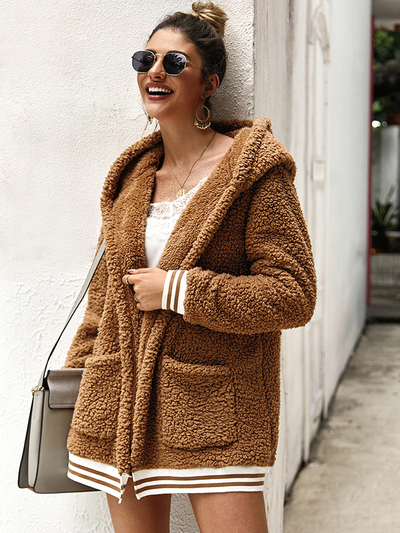 Women's Varsity Full-Zip Hooded Fleece Cardigan Taupe