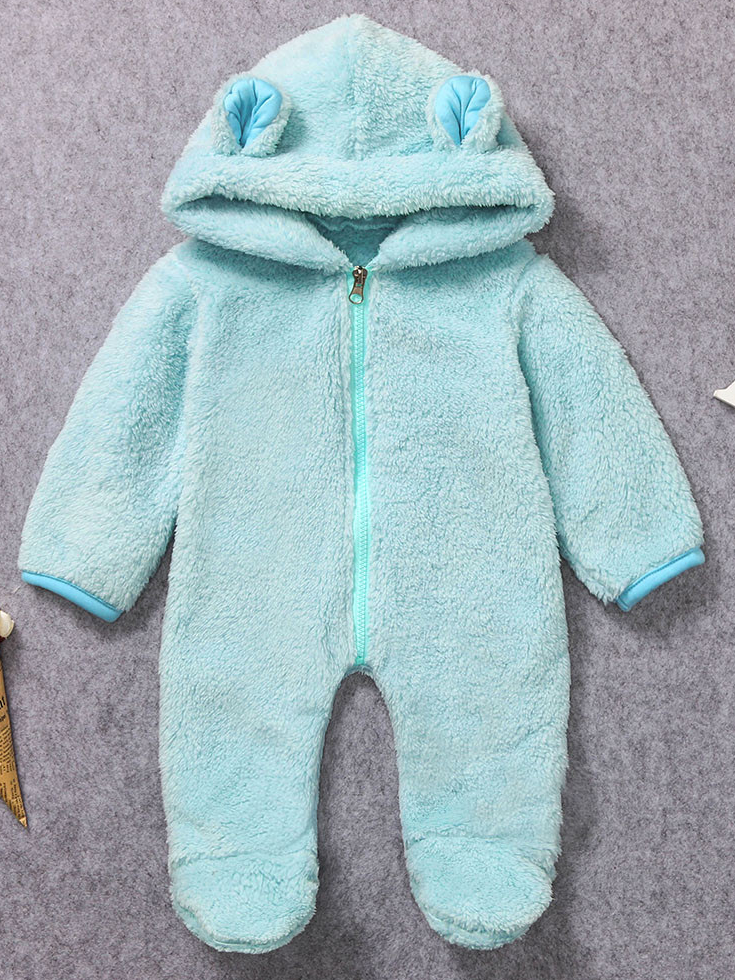Baby hooded jumpsuit/onesie with little ears on the hood, front zipper closure, and footies