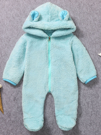 Baby hooded jumpsuit/onesie with little ears on the hood, front zipper closure, and footies